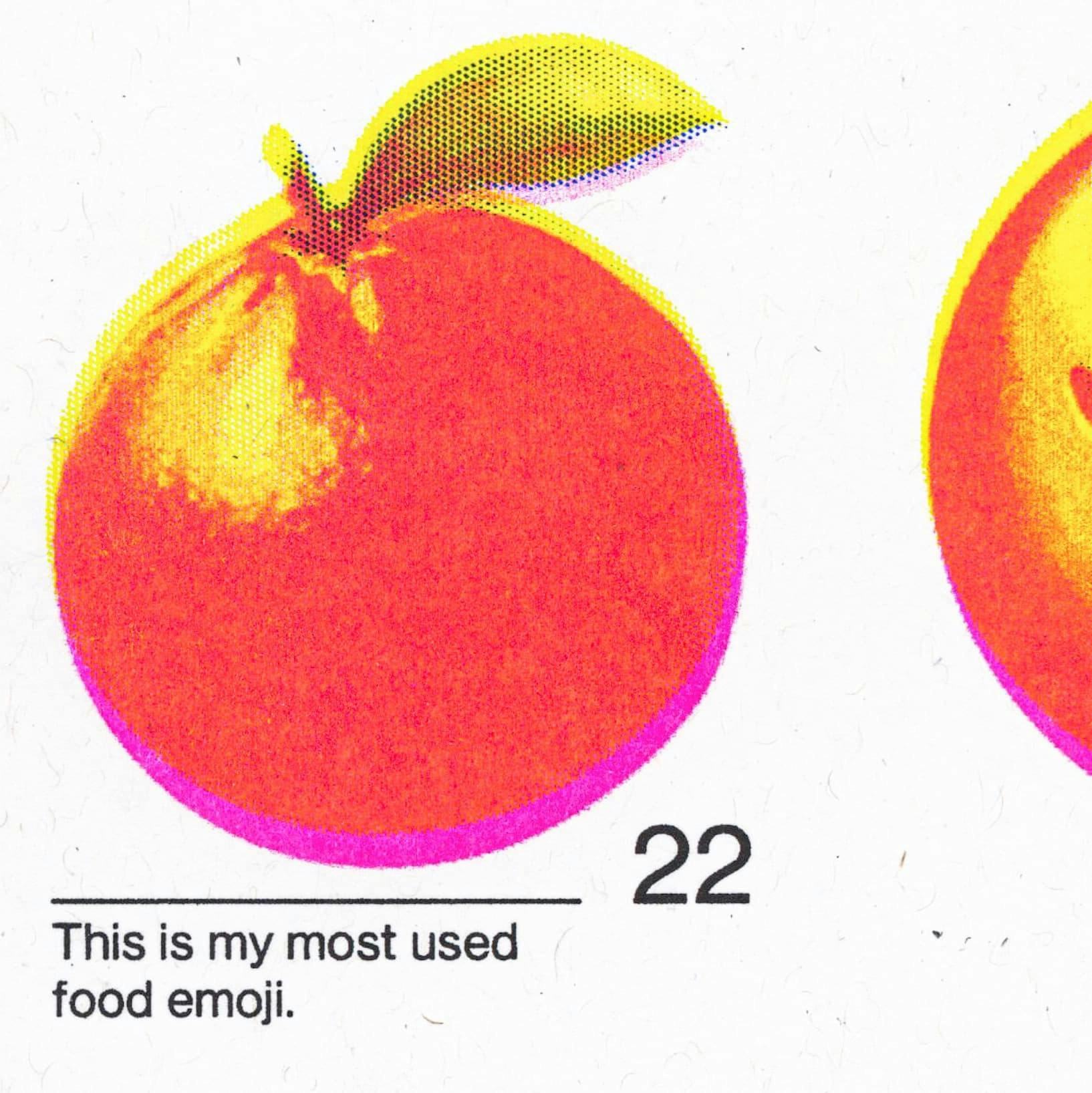 Detailed view of a vibrant orange fruit emoji with the caption "This is my most used food emoji" and a count of "22", emphasizing the risograph print quality.