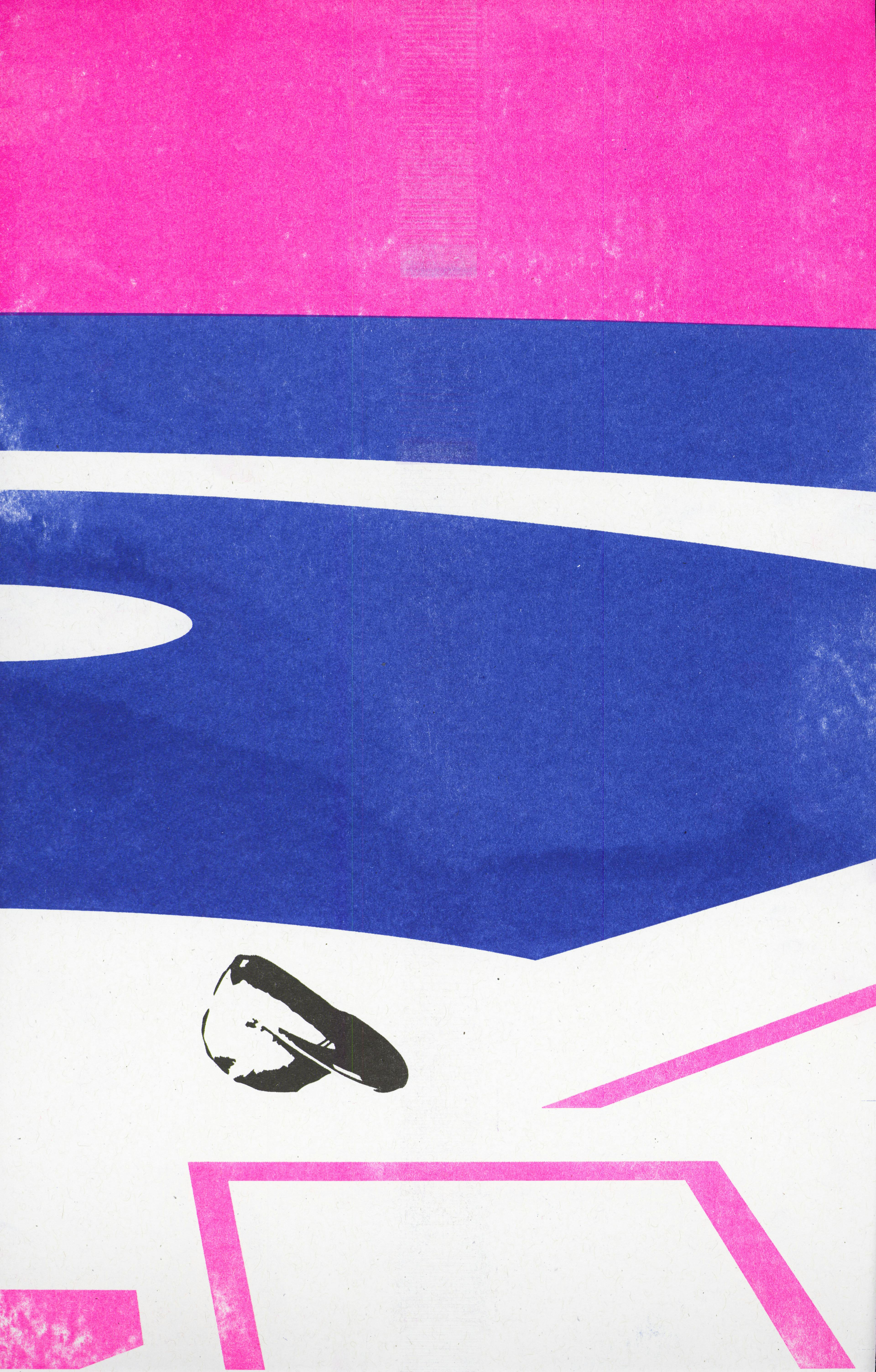 Blue and pink riso print of baseball field