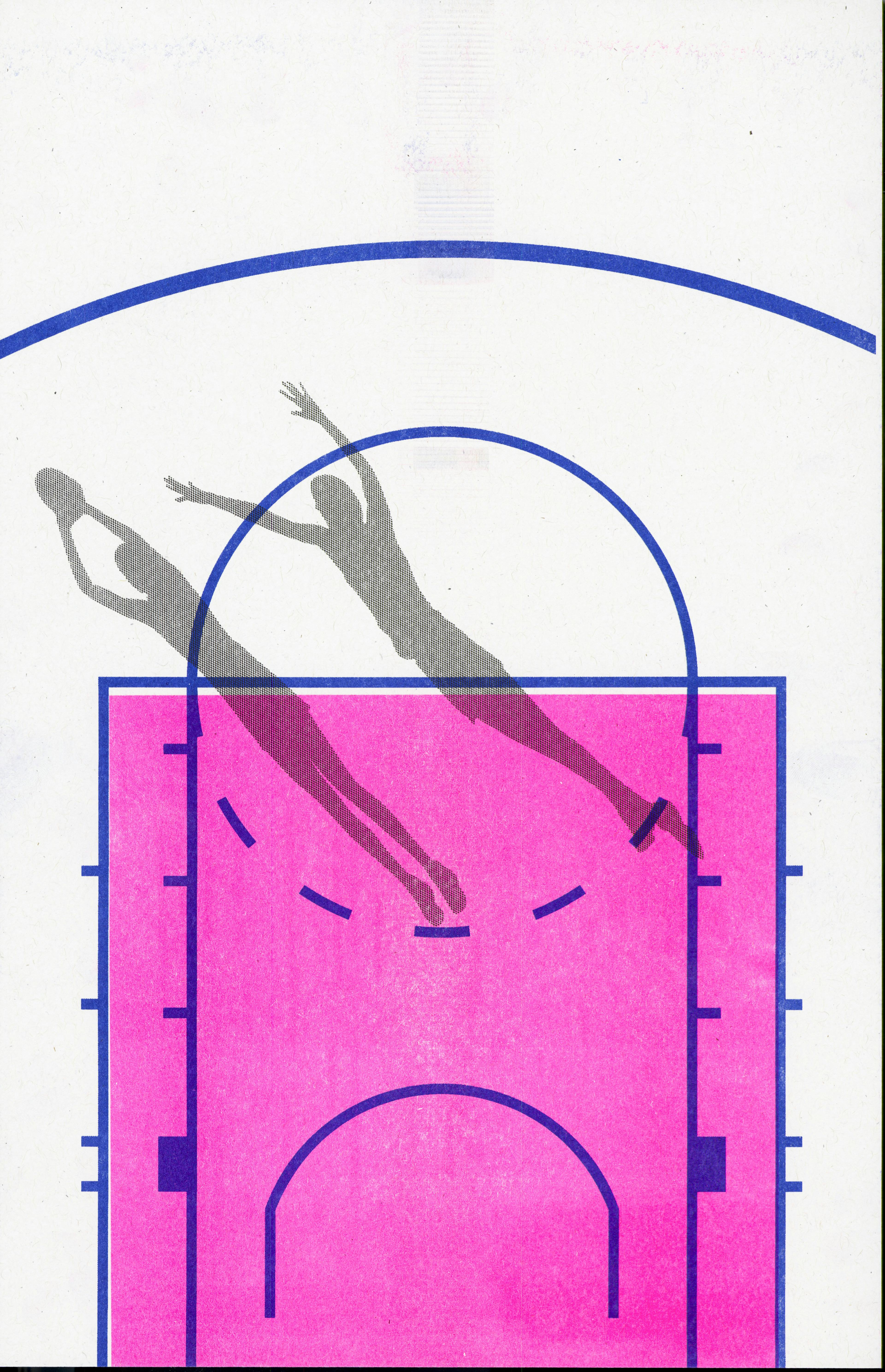 Blue and pink riso print of basketball court with shadow of players
