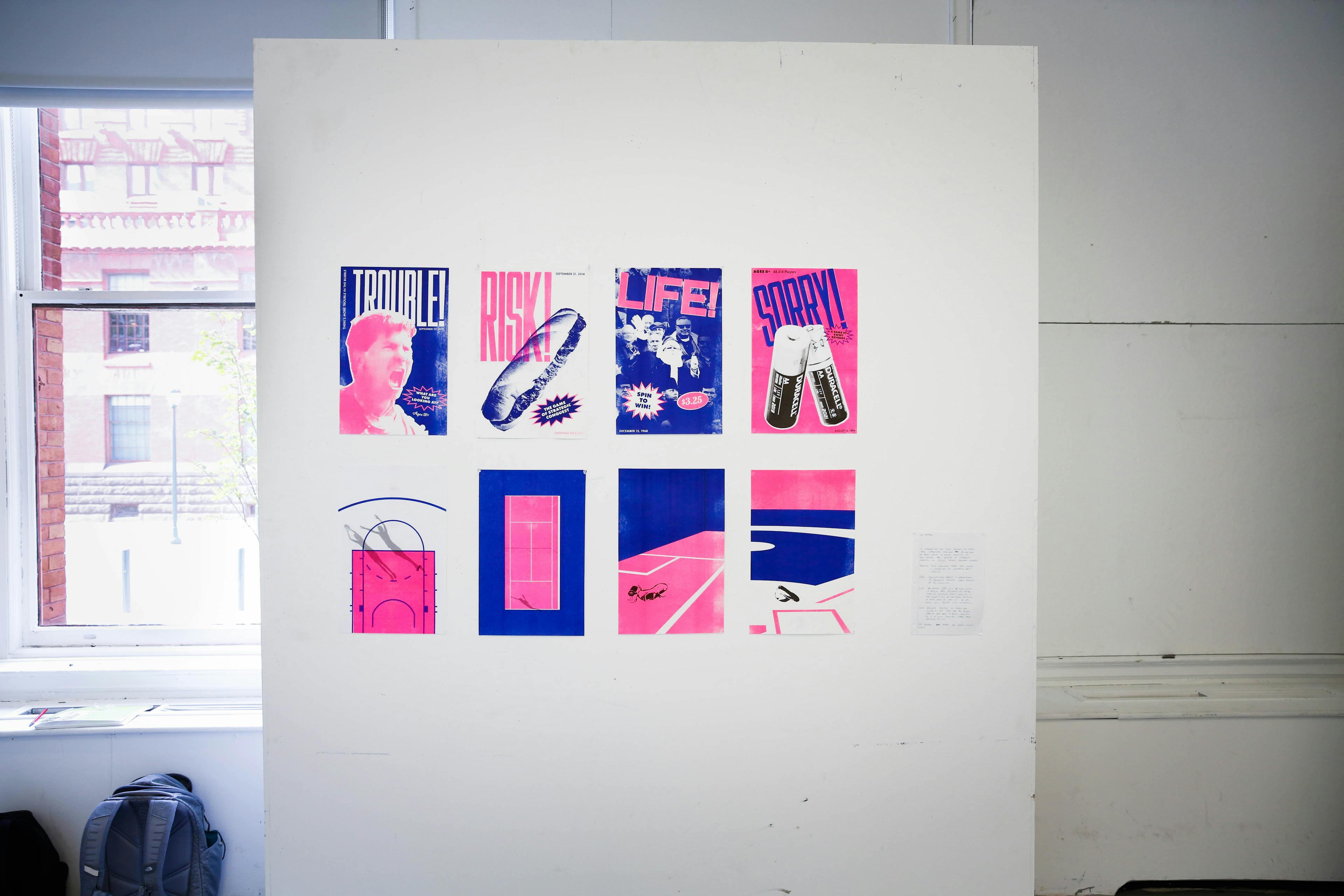 Eight pink and blue Risograph prints