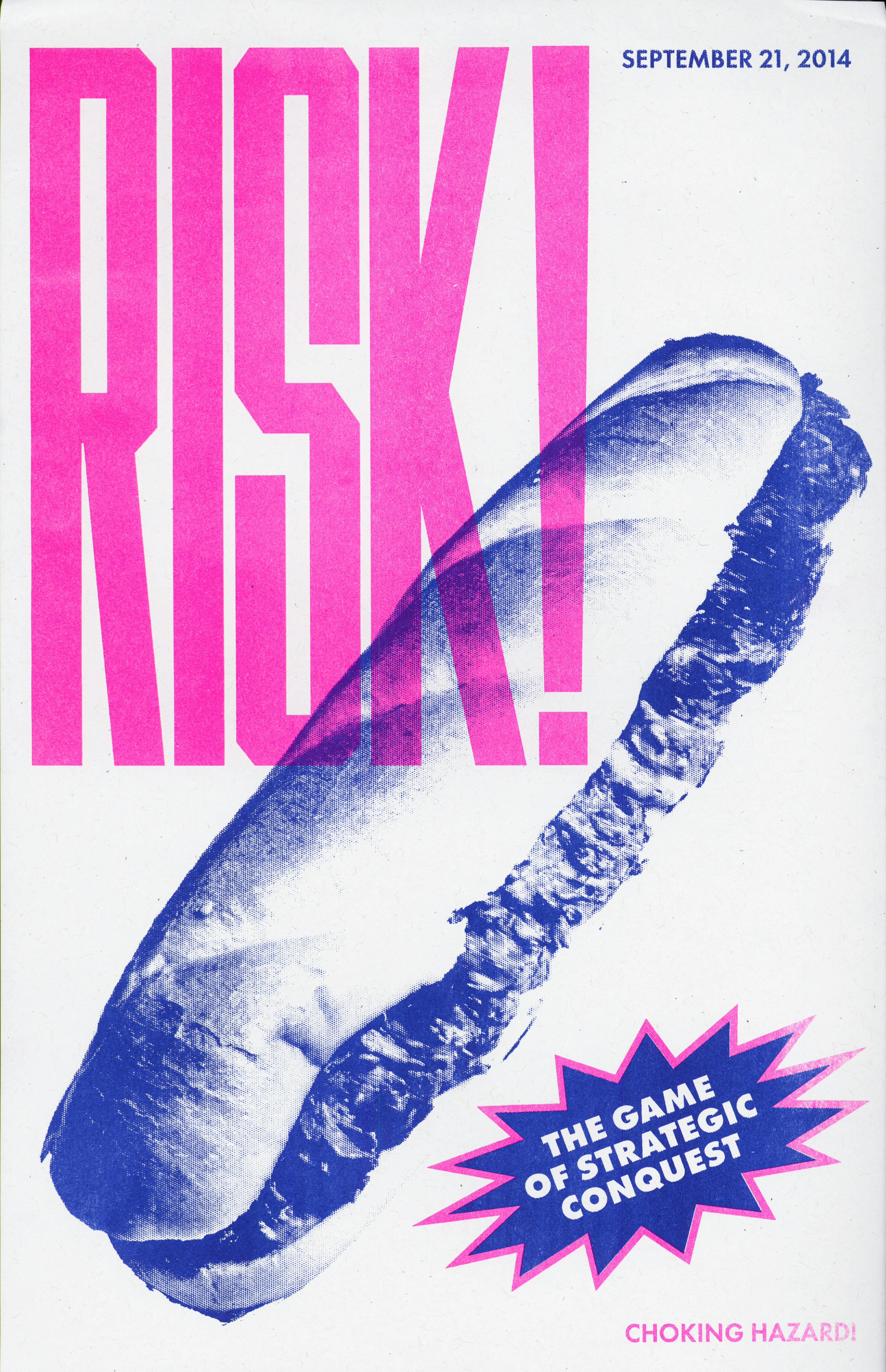 A white poster with "Risk" in big pink letters with a picture of a blue cheesesteak