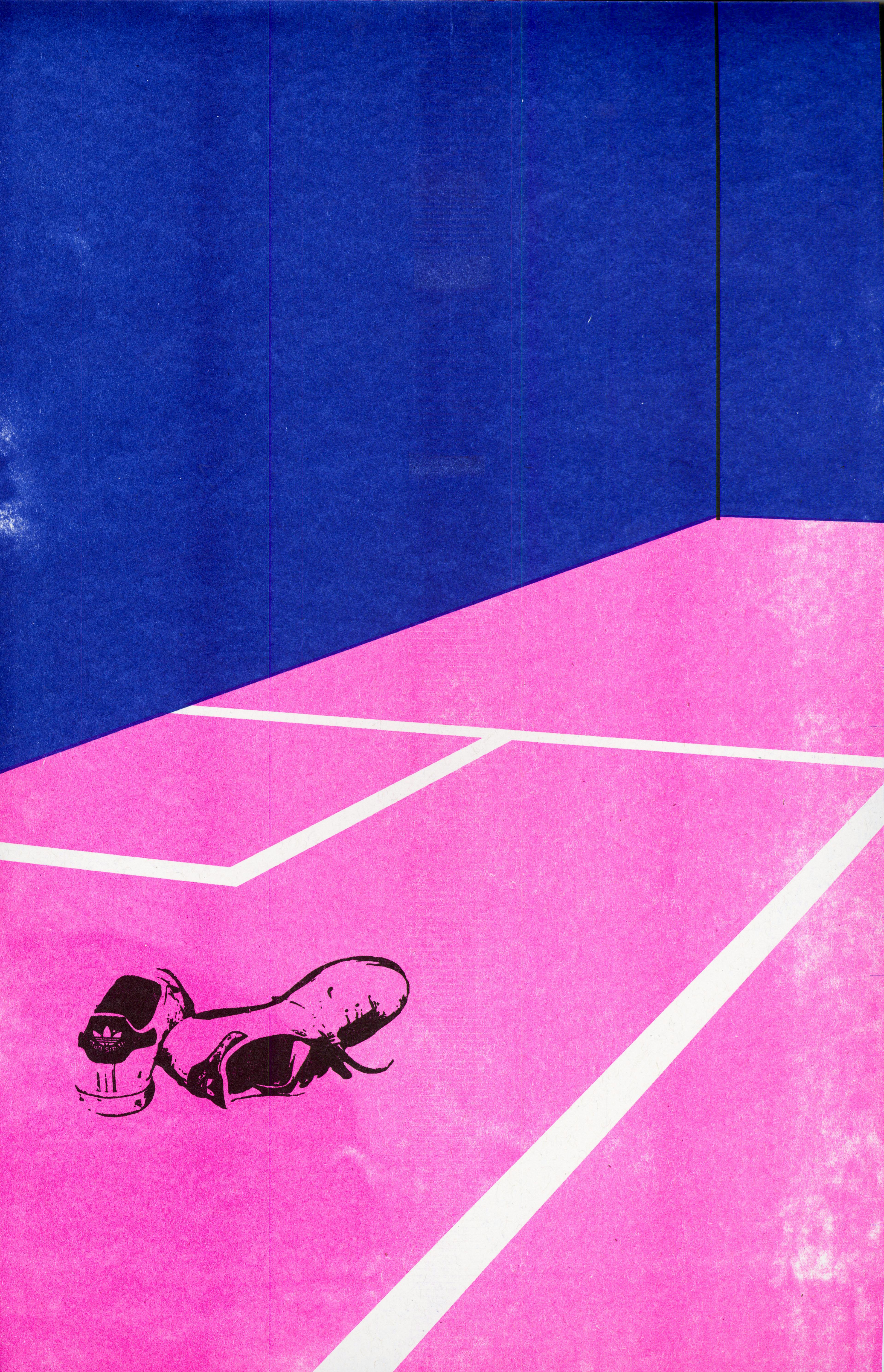blue and pink riso print of squash court with shoes