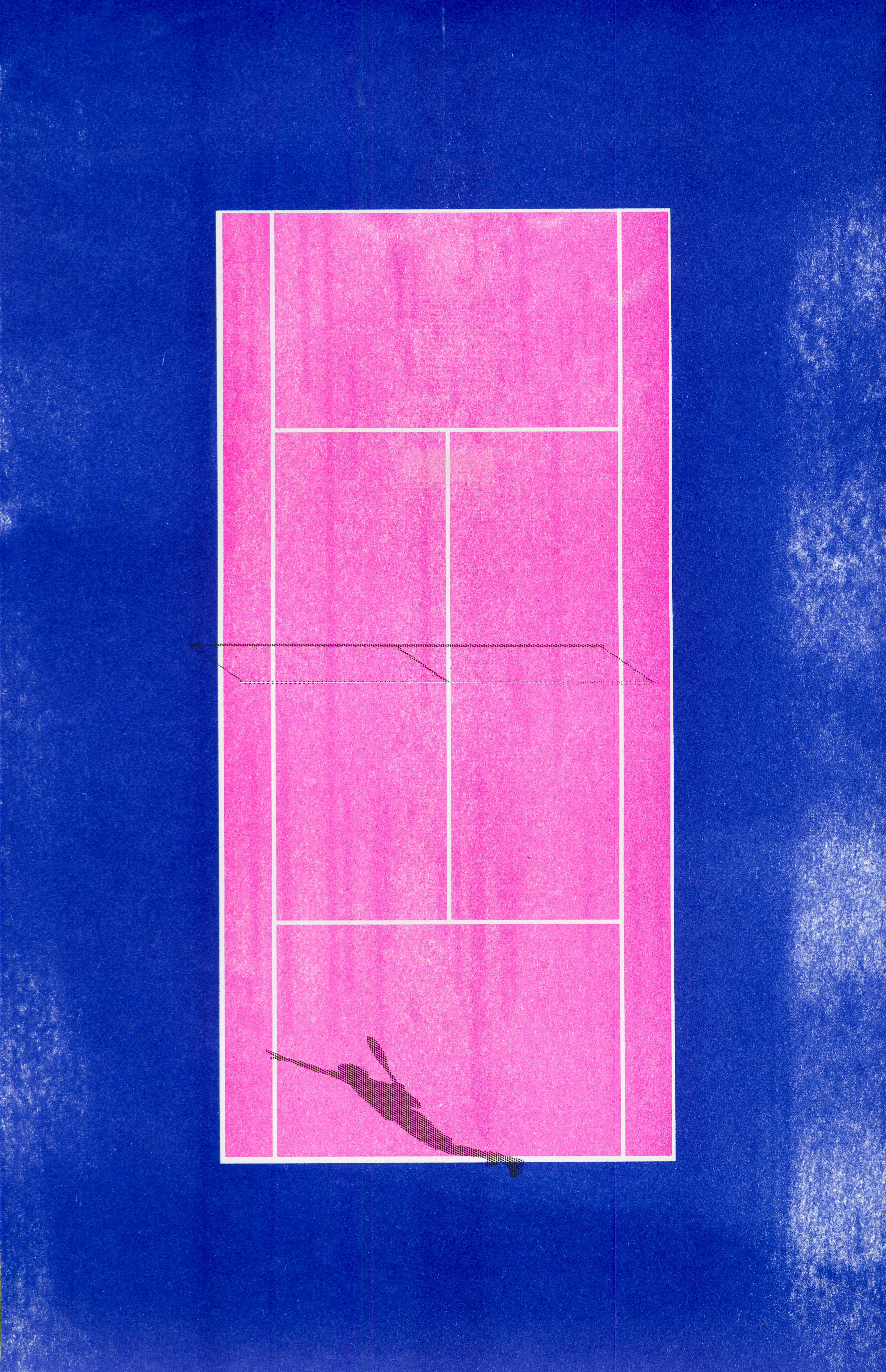 Blue and pink riso print of a birds eye view of a tennis court with shadow of players
