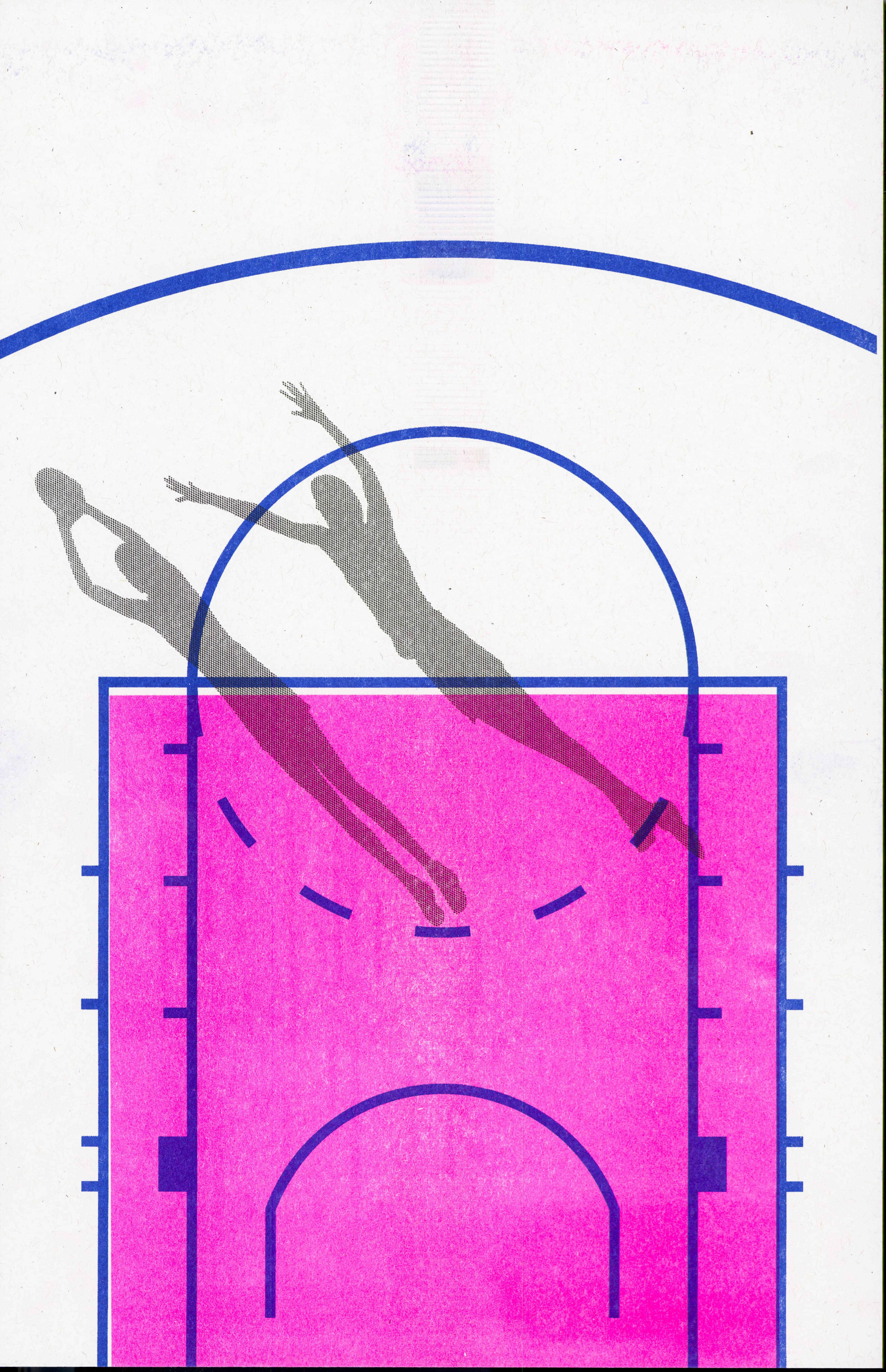 Blue and pink riso print of basketball court with shadow of players