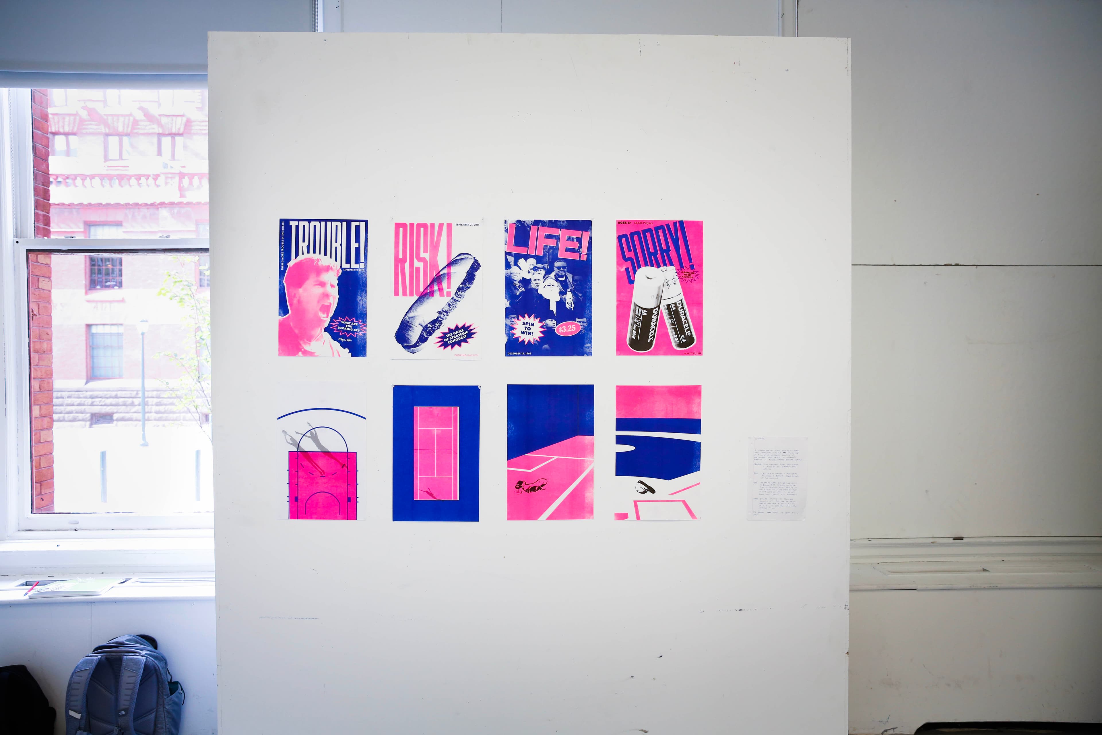 Eight pink and blue Risograph prints