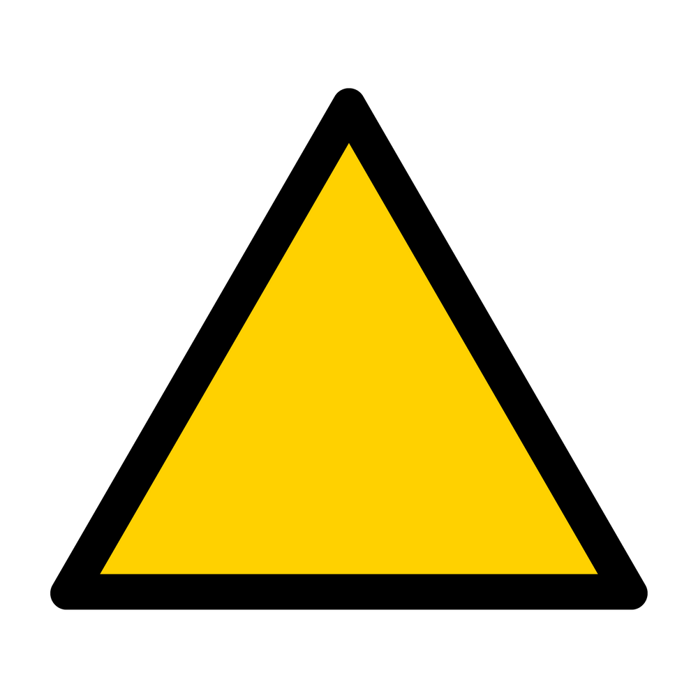 Internationally-compliant standard triangular caution sign (ISO 3864) using “Warning Signal Yellow” (ISO 3864-4/ANSI Z535.1, Pantone 109 C, Hex #FFD100) and a black border,