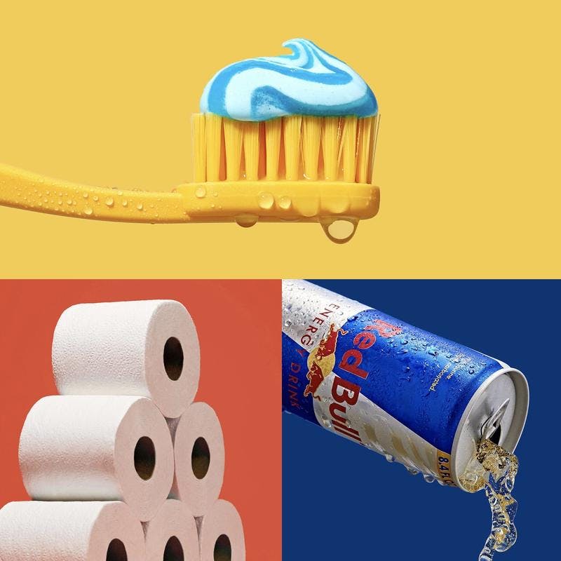 Collage of stacked rolls of toilet paper, iced coffee in a glass with a straw, and a green scrubbing sponge with foam in a human figure shape.